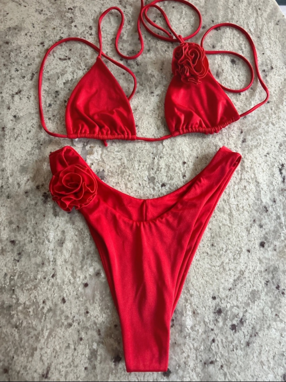 Red Rosette high leg String Bikini